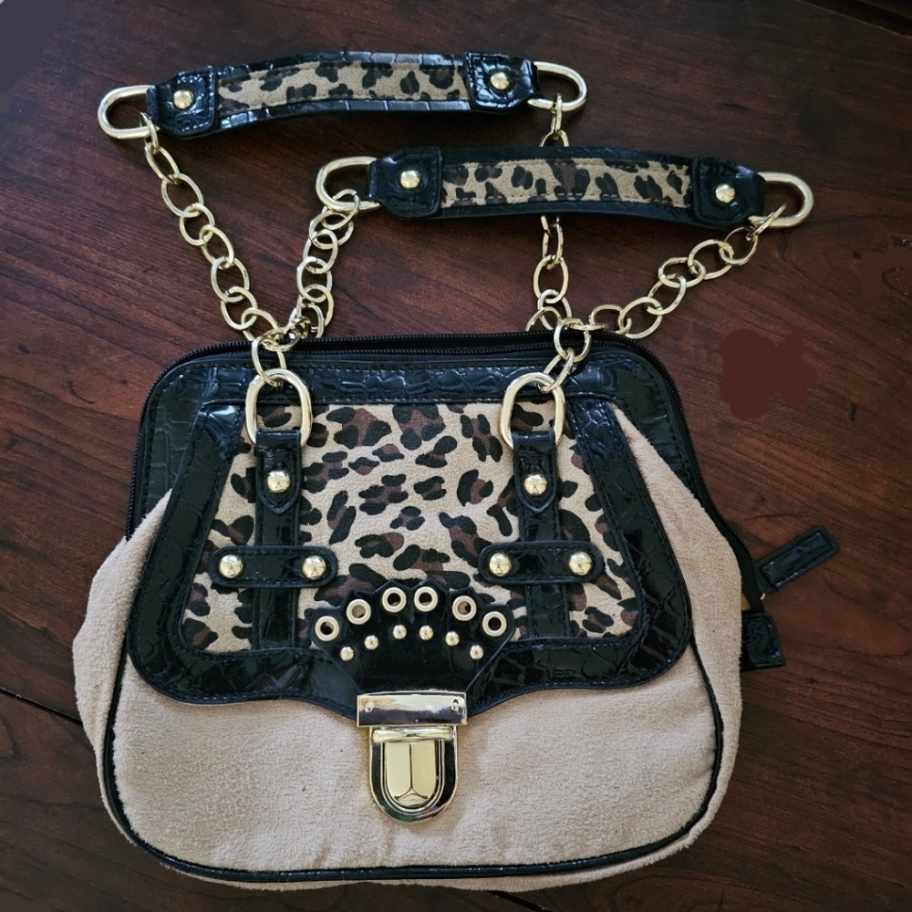 Leopard Print and Black Chain Strap Women's Bag
